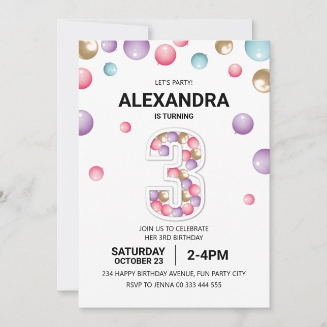 Rainbow 3rd Birthday Party, Pink Balloon Girl Invitation (Front)
