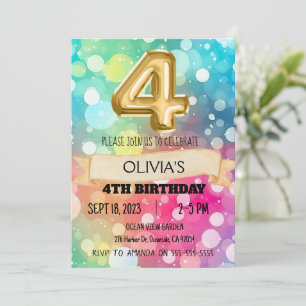 Rainbow 4 Year Old 4th Birthday Party Girls Four  Invitation