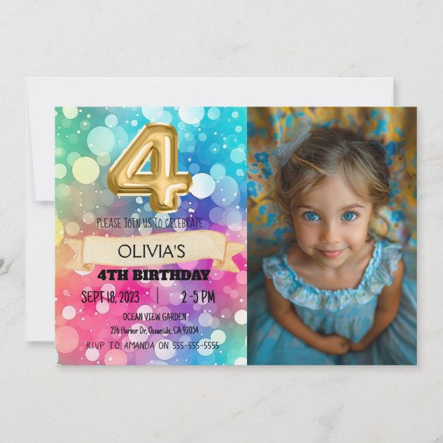 Rainbow 4 Year Old 4th Birthday Photo Girls Four  Invitation (Front)