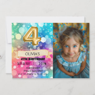 Rainbow 4 Year Old 4th Birthday Photo Girls Four Invitation