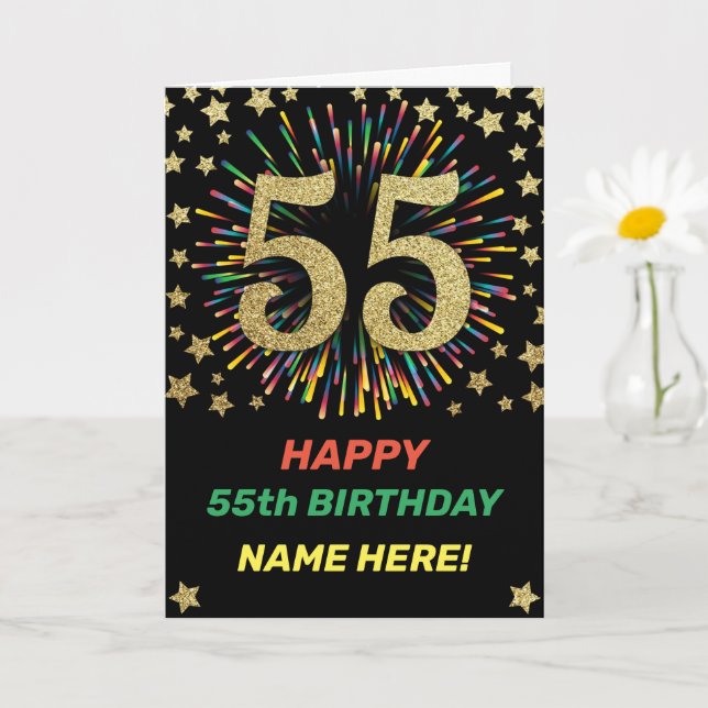Rainbow 55th Birthday Firework Gold Happy Birthday Card (Small Plant)