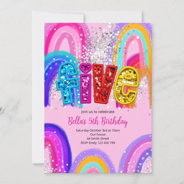 Rainbow 5th Birthday Girls Invitation (Front)