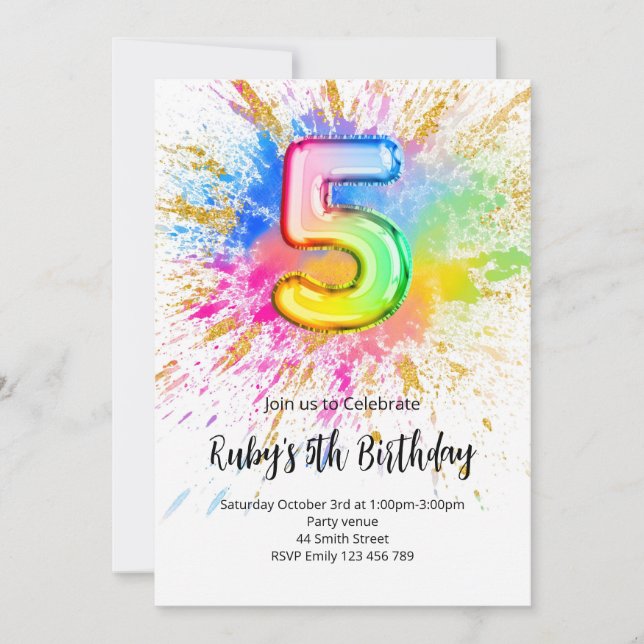 Rainbow 5th Birthday Invitation (Front)