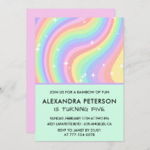 Rainbow 5th birthday invitations Pastel