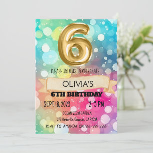 Rainbow 6 Year Old 6th Birthday Party Girls Six Invitation