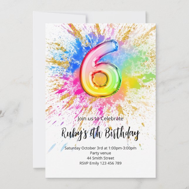 Rainbow 6th Birthday Invitation (Front)