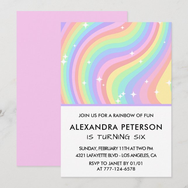 Rainbow 6th birthday invitations Pastel Cute (Front/Back)
