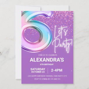 Rainbow 6th Birthday Party Girl Foil Balloon Neon  Invitation