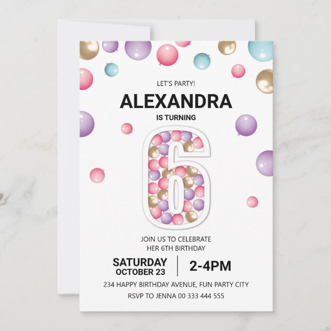 Rainbow 6th Birthday Party, Pink Balloon Girl Invitation (Front)