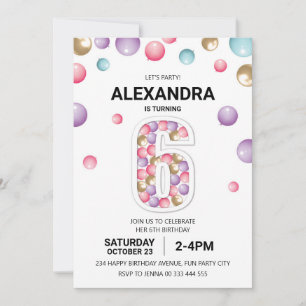 Rainbow 6th Birthday Party, Pink Balloon Girl Invitation