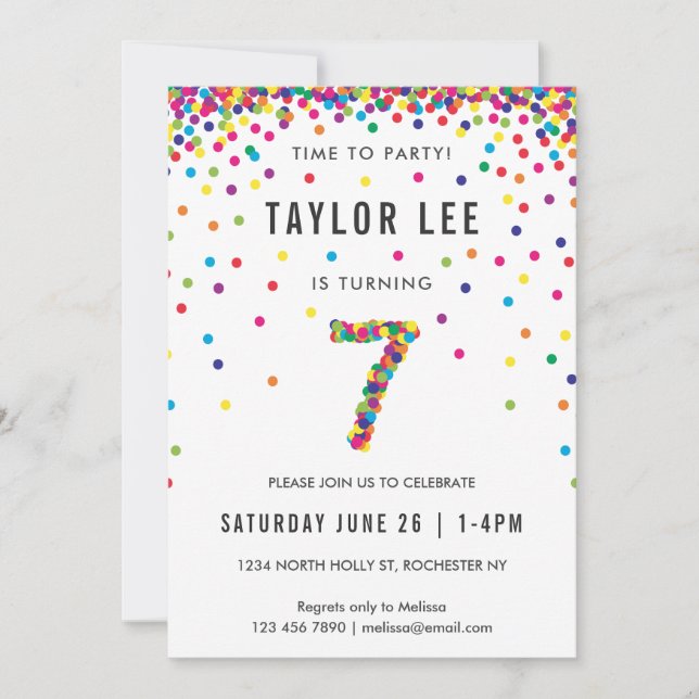 Rainbow 7 Year Old Birthday Party, 7th Birthday Invitation (Front)