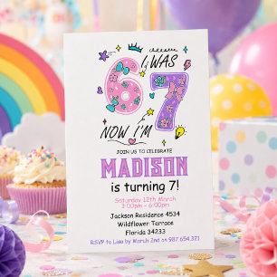 rainbow 7th Birthday   “I Was 6, Now 7” Party Invitation