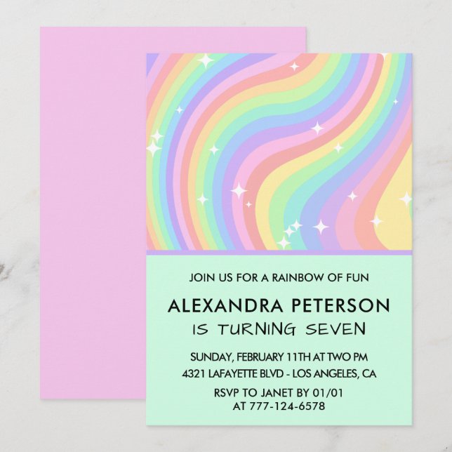 Rainbow 7th birthday invitations Pastel  (Front/Back)