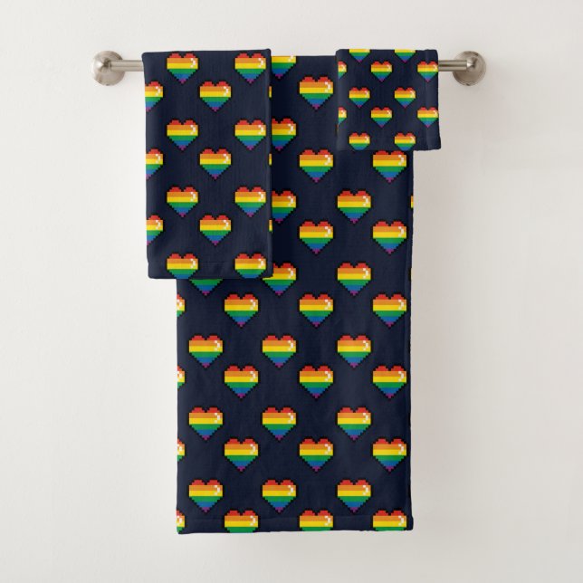 Rainbow 8 Bit Heart Pattern Bath Towel Set (Insitu)