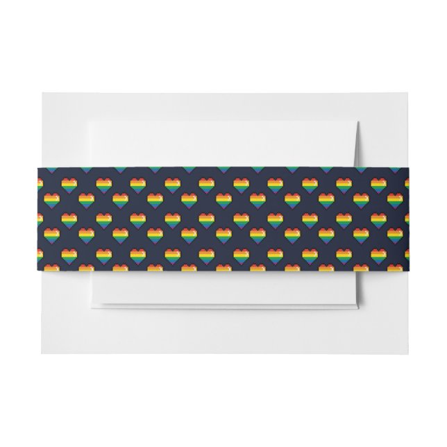 Rainbow 8 Bit Heart Pattern Invitation Belly Band (Front Example)
