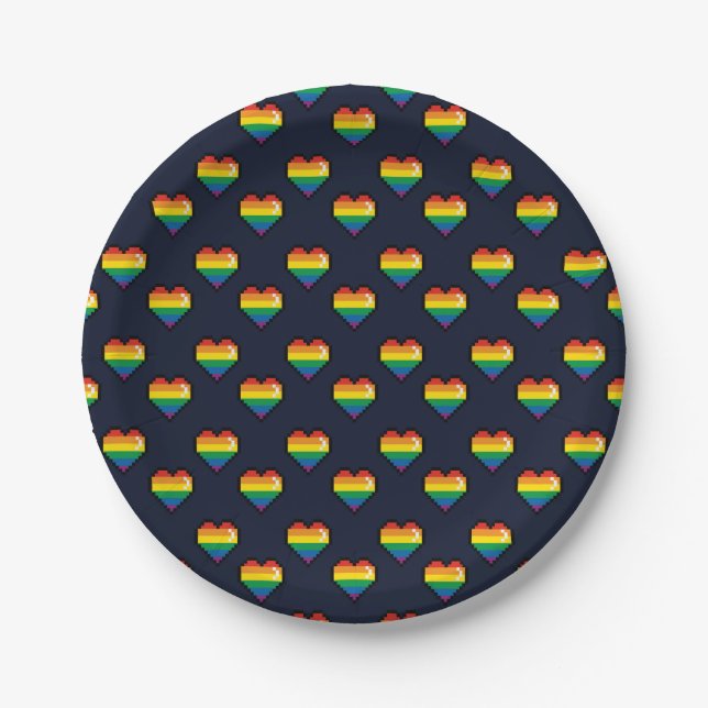 Rainbow 8 Bit Heart Pattern Paper Plate (Front)