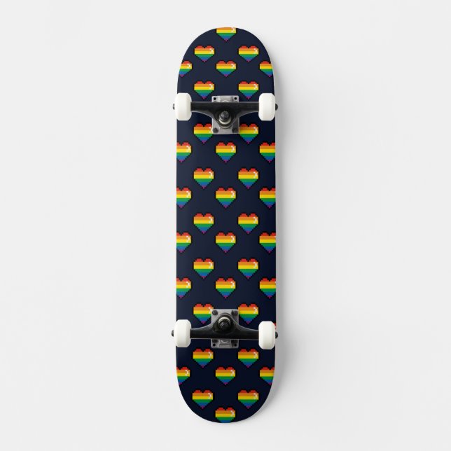 Rainbow 8 Bit Heart Pattern Skateboard (Front)