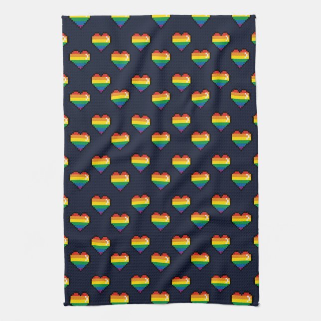 Rainbow 8 Bit Heart Pattern Tea Towel (Vertical)