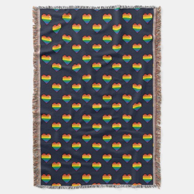 Rainbow 8 Bit Heart Pattern Throw Blanket (Front Vertical)