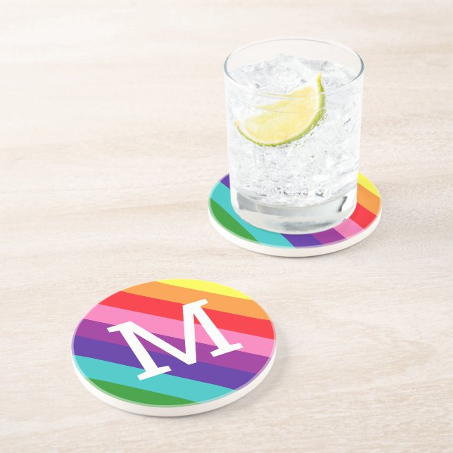 Rainbow 8 Stripe Gay Pride Custom Monogram Initial Coaster (Side)