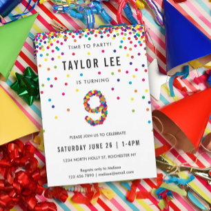 Rainbow 9 Year Old Birthday Party, 9th Birthday Invitation