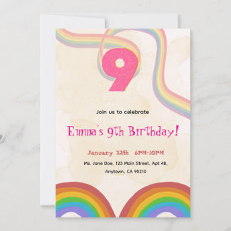  Rainbow 9th Birthday Party Invitation