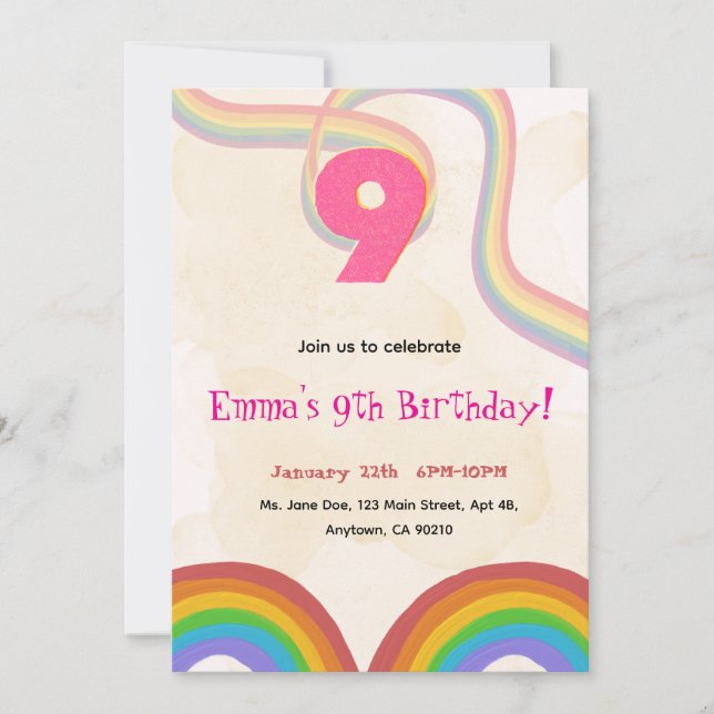  Rainbow 9th Birthday Party Invitation (Front)