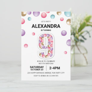 Rainbow 9th Birthday Party, Pink Balloon Girl Invitation