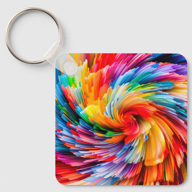 Rainbow Abstract Vibrant Swirl Modern Key Ring (Front)