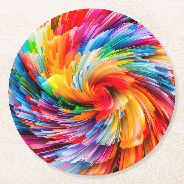 Rainbow Abstract Vibrant Swirl Modern Round Paper Coaster (Front)