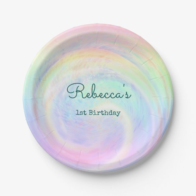 Rainbow Aesthetic Pastel Swirl 1st Birthday Paper Plate (Front)