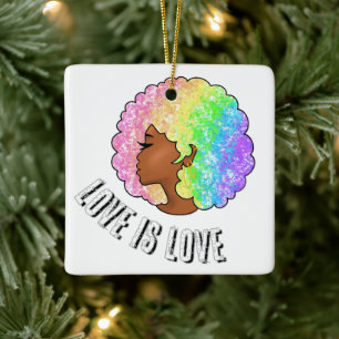 rainbow afro LGBTQ love is love pride black girl  Ceramic Ornament