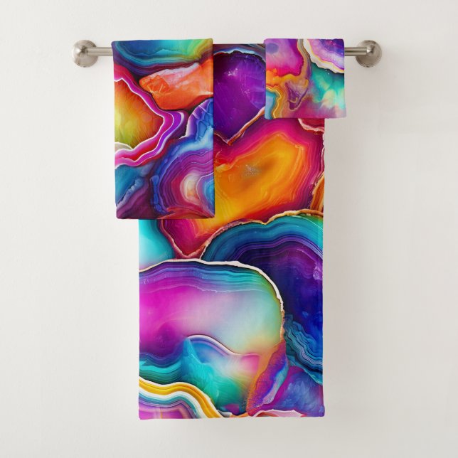 Rainbow Agate Colourful Abstract Geode Design Bath Towel Set (Insitu)