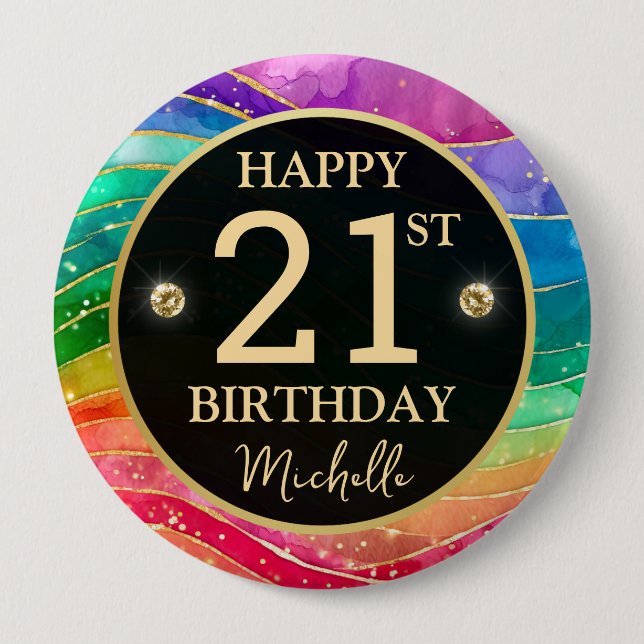 Rainbow Agate Gold Glitter Birthday Badge (Front)