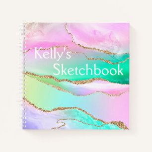 Rainbow Agate Gold Glitter Monogram Sketchbook Notebook