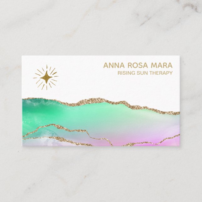 *~* Rainbow Agate Gold Glitter Vein Pastel Star Business Card (Front)