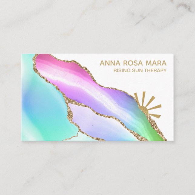 *~* Rainbow Agate Gold Glitter Vein Pastel White Business Card (Front)