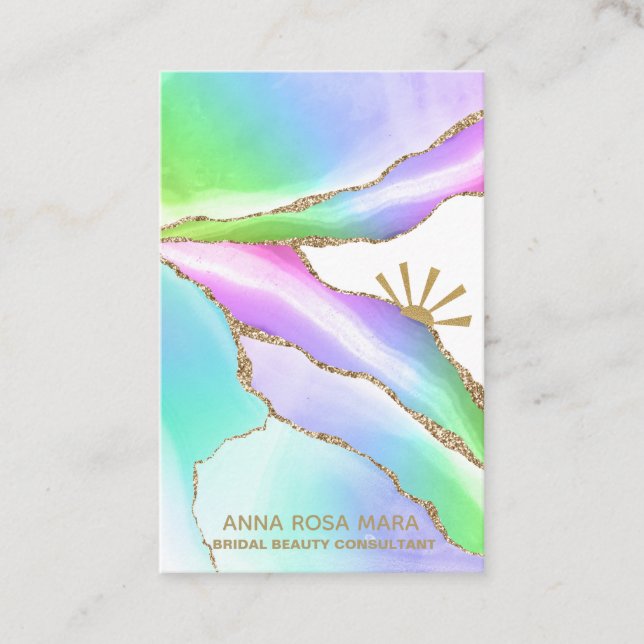 *~* Rainbow Agate Pastel Gold Glitter Veins Business Card (Front)