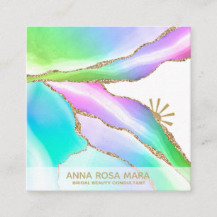 *~* Rainbow Agate Pastel Gold Glitter Veins White Square Business Card