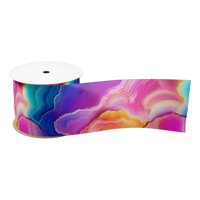 Rainbow Agate | Vibrant Abstract Stone Pattern Satin Ribbon (Spool)