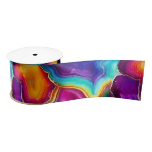 Rainbow Agate Vibrant Abstract Stone Pattern Satin Ribbon