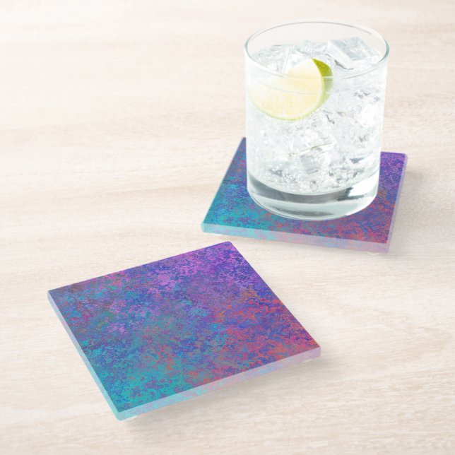 Rainbow Alcohol Ink, Bright Colourful Abstract Glass Coaster (Angled)