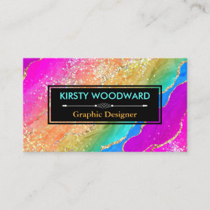 Rainbow Alcohol Ink & Gold Faux Glitter Agate Business Card
