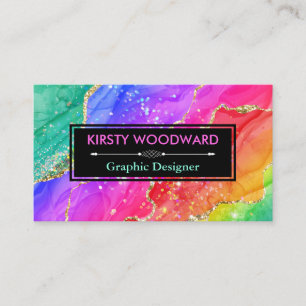 Rainbow Alcohol Ink & Gold Faux Glitter Agate Business Card