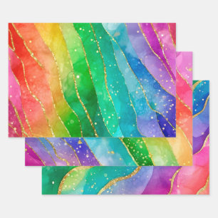 Rainbow Alcohol Ink Gold Glitter Abstract Design Wrapping Paper Sheet