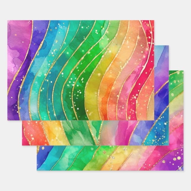 Rainbow Alcohol Ink Gold Glitter Abstract Design Wrapping Paper Sheet (Set)