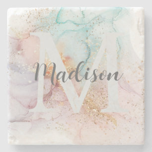 Rainbow Alcohol Ink & Gold Glitter Monogram Name Stone Coaster