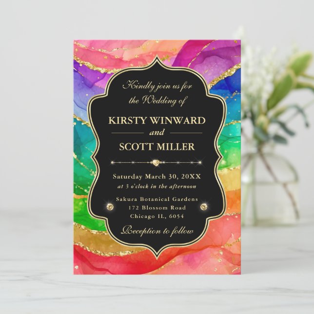 Rainbow Alcohol Ink Gold Glitter Wedding Invitation (Standing Front)