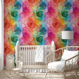 Rainbow alcohol ink roses with gold accents wallpaper