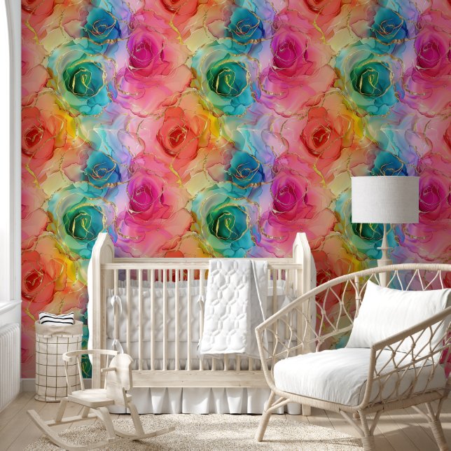 Rainbow alcohol ink roses with gold accents wallpaper (Kids)